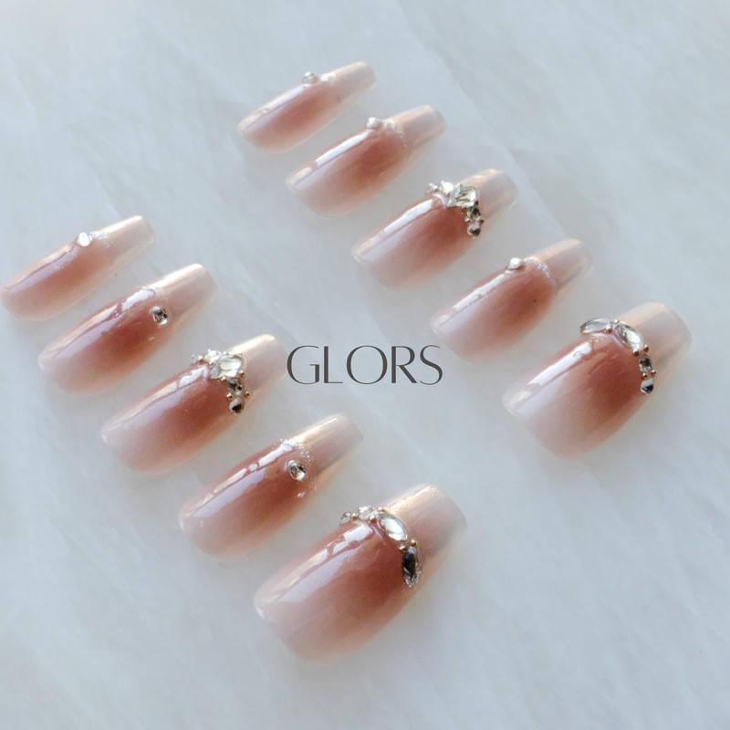 GLORS Long Ballerina Press-on Nails, Pink French Style with Rhinestones,