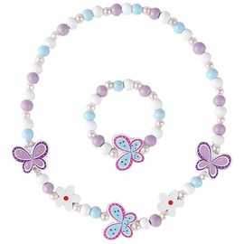 DIFLAX Pack of 2 Wooden Beads Butterfly Jewellery Set for Children, Chains for Girls, Necklaces for Children, Wooden Children's Jewellery Set, Children's Chain, Children's Necklace, Children's