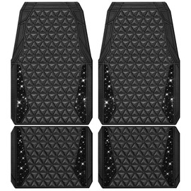 CAR PASS Bling Diamond Car Mats Rubber Floor Mats Full Set Anti-Slip 3D Rhombus Waterproof Trim to Fit Liner Universal Glitter Crystal Sparkly Shining Rhinestone Girl Women SUV Sedan, Black Diamond