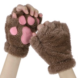 Women Girls Cat Dog Paw Fingerless Gloves Soft Plush Half Finger Gloves Winter Thick Warm Gloves Cute Bear Claw Coral Fleece Mittens with Anti-Lost String for Sports Touchscreen Typing Cosplay