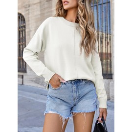 EVALESS Womens Fall Sweaters 2024 Fashion Crewneck Long Sleeve Pleated Knitted Casual Pullover Tops White L