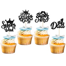 24 piezas de decoraciones para cupcakes con purpurina para el día del padre, papá y papá #1, decoraciones para tartas para feliz día del padre, papá, cumpleaños, fiesta, suministros de color negro