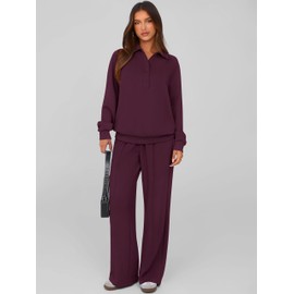 PRETTYGARDEN Women Fall 2 Piece Outfits Sweatsuits Quarter Button Long Sleeve Sweatshirt Wide Leg Pants Tracksuit Lounge Sets(Dark Wine Red,Large)