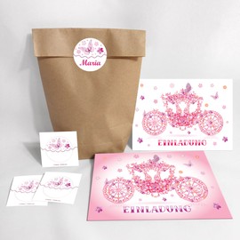 Set of 12 Invitation Cards, Envelopes, Bags, Stickers Children's Birthday "Princess Party" for Girls / Carriage (12 Cards + 12 Envelopes + 12 Party Bags (Cross Bottom Bag) + 12 Stickers)