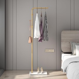 TIEOU Gold Coat Racks, Metal Coat Racks Freestanding with Crossbar and 3 Hooks, Modern Coat Hanger with Marble Base, L Shaped Coat Stand for Entryway, Bedroom, Living Room, Office