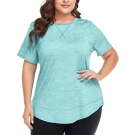 COOTRY Plus Size Workout Tops for Women Short Sleeve Loose fit Shirts Athletic Gym Yoga Clothing Light Blue 1XL