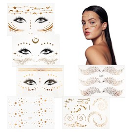 Glitter Freckles, Pack of 6 Glitter Freckles Tattoo, Waterproof Gold Stars and Dots Temporary Tattoo for Face, Party, Festival, Makeup Patches (5.2 × 15 cm) (Gold - 6 Face Tattoo)