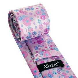 Alizeal Mens 3.15inch Unique Floral Tie with Floral Print Pocket Square, Light Pink+Light Blue