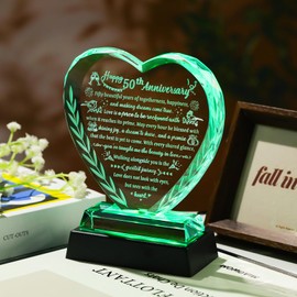 50th Wedding Anniversary Crystal Gifts for Couples, Romantic Heart Happy Golden Anniversary Keepsake Gift for Wife Parents with LED Light Base, 50 Years of Marriage for Her Him Party Decor