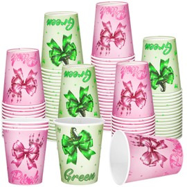 AmazingSpark 50 Pcs 9 oz Pink and Green Bow Paper Cups Crown Witch Hat Theme Disposable Coffee Cups Bulk Friendship Party Supplies Bow Birthday Party Decorations