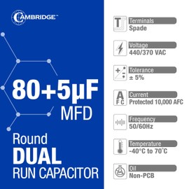 80+5uF 80/5 MFD ±5% 370/440VAC Dual Run Round AC Capacitor for A/C Motor Run, Fan Start, Condenser Run Capacitors, Heat Pump Air Conditioner Capacitor