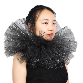 BLESSUME Victorian Ruffle Collar Renaissance Mesh Clown Collar Layered Neck Ruff For Fancy Dress (Black/Silver)