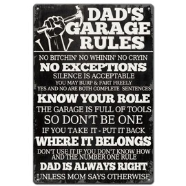 SUPERDANT Dad's Garage Rules Metal Signs Garage Quotes Tin Sign Black Metal Wall Plaques Funny Signs Vintage Decor Retro Wall Art for Bedroom living Room Man Cave Walls Decor Father's Gift