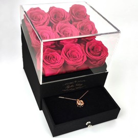 Kylin Glory Forever Roses with Rose Gold Necklace for Delivery Prime - 9 Piece Preserved Flowers under Arylic Cover, Visible Freshness, Ideal for Mothers & Valentines Day (Rose Red)