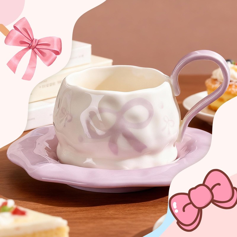 KERHAND Purple Ceramic Mug and Saucer Set with Bow and