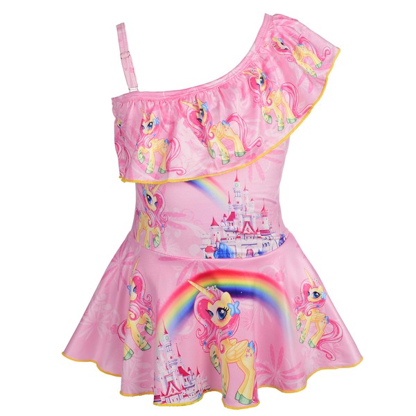 Lito Angels Unicorn Swimming Costume with Skirt One Piece Swimsuit Swimwear Swim Dress One Shoulder for Kids Girls, Age 4-5 Years, E - Pink (Tag Number 110)
