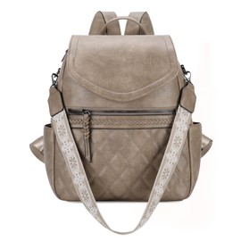 Kasqo Backpack Purse for Women,PU Leather Fashion Flap Quilted Backpack Ladies Handbag Convertible Shoulder Bag for Work Travel College with Guitar Strap Khaki