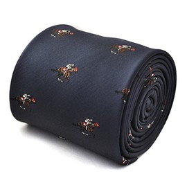 Frederick Thomas navy tie with horse jockey embroidered design with signature floral design to the rear