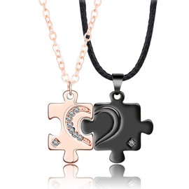 Matching Necklace Diamond Encrusted Puzzle Necklaces for Couples or Friends Valentine's Day Gift Romantic Gift for Boyfriend Girlfriend Husband Wife (A: pink&black)