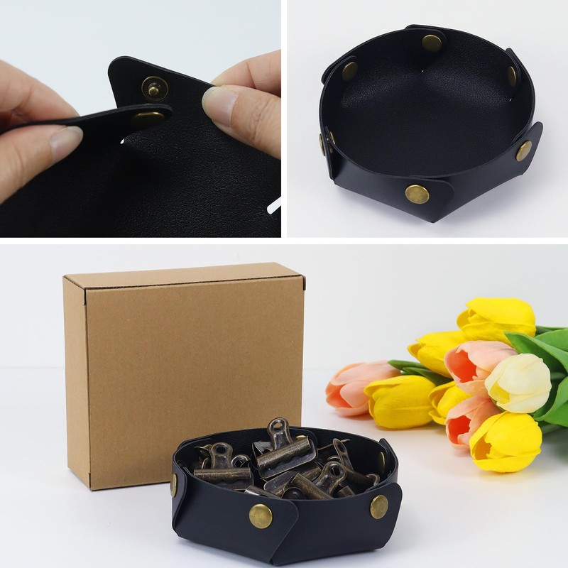 24 Pack Vintage Bulldog Clips with Black Leather Tray, Antique