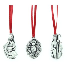 Nativity Scene Set of 3 Pewter Christmas Ornaments in Gift Box