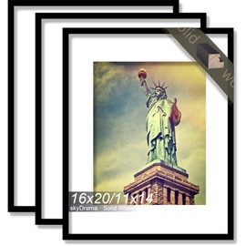 skyDrama 100% Solid Wood 16x20 Picture Frame Set of 3, Black Frame Display Photo 11x14 with Mat or 16 x 20 without Mat, 16by20 HQ Matte Black Frame for Wall - 3 Pack/Black/16 x20