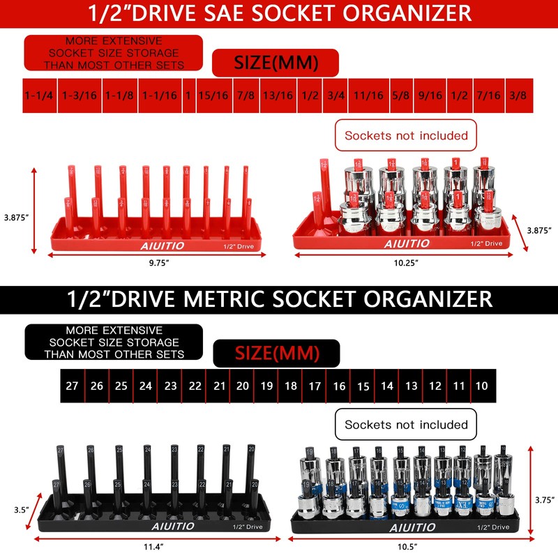 8 Piece Metric & SAE Socket Organizer Tray Set, 1/4-Inch,