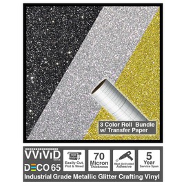 VViViD DECO65 Silver, Gold & Black Metallic Glitter Three Roll Adhesive Vinyl 3 Feet x 1 Foot Craft Bundle for Cricut, Silhouette & Cameo Plotting Machines Including Clear High Tack Transfer Paper