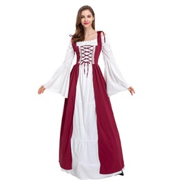 Medieval Maiden Costume Women's Renaissance Peasant Overdress Flare Sleeve Chemise Gown (802# Wine Red, M)