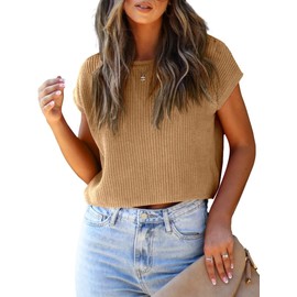 LCXWFE Womens Summer Cropped Sweater Vest Trendy Cap Sleeve Crop Tops Crew Neck Loose Knit Tank Top