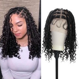 Janyuwool 18" Boho Large Knotless Box Braided Wigs Full Double Lace Short Braid Wig for Black Women Lace Frontal Human Hair Blended Braided Wig Lace Front Braids Wigs with Baby Hair (Black)