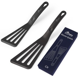 HOTEC HOTEC Heat Resistant Silicone Slotted Fish Turner Spatula Set, Flipper Cooking Spatulas, for Non Stick Cookware Dishwasher Safe, Black