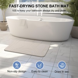 Stone Bath Mat, Diatomaceous Earth Shower Mat, Set of 3, Non-Slip Super Absorbent Quick Drying Bathroom Floor Mat, 24x15, Greyish White