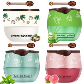 TIRDET 4 PCS Bee Lip Balm Honey Pot, Coconut Aloe Vera Peach Mint Bee Lip Balm Sleeping Lip Mask Overnight with Sticks, Honey Pot Lip Balm Exfoliating Prevention Dry and Crack Lip Scrubs