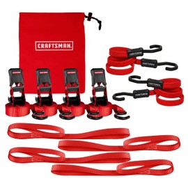 CRAFTSMAN CMXAZBS777 Black/Red 10-Piece Tie-Down Kit with Ratchet Straps, Bungees, Soft Loops and Storage Bag (1,500 lb Break Strength) - Cargo Management and Hauling