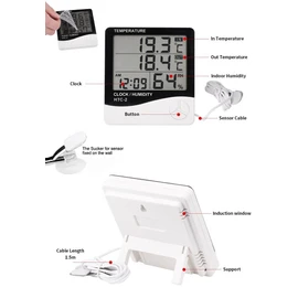 FMTHTC-2 LCD Digital Thermometer/Hygrometer, Temperature Measurement at 2 Indoor and Outdoor Locations, Clock Display, Alarm