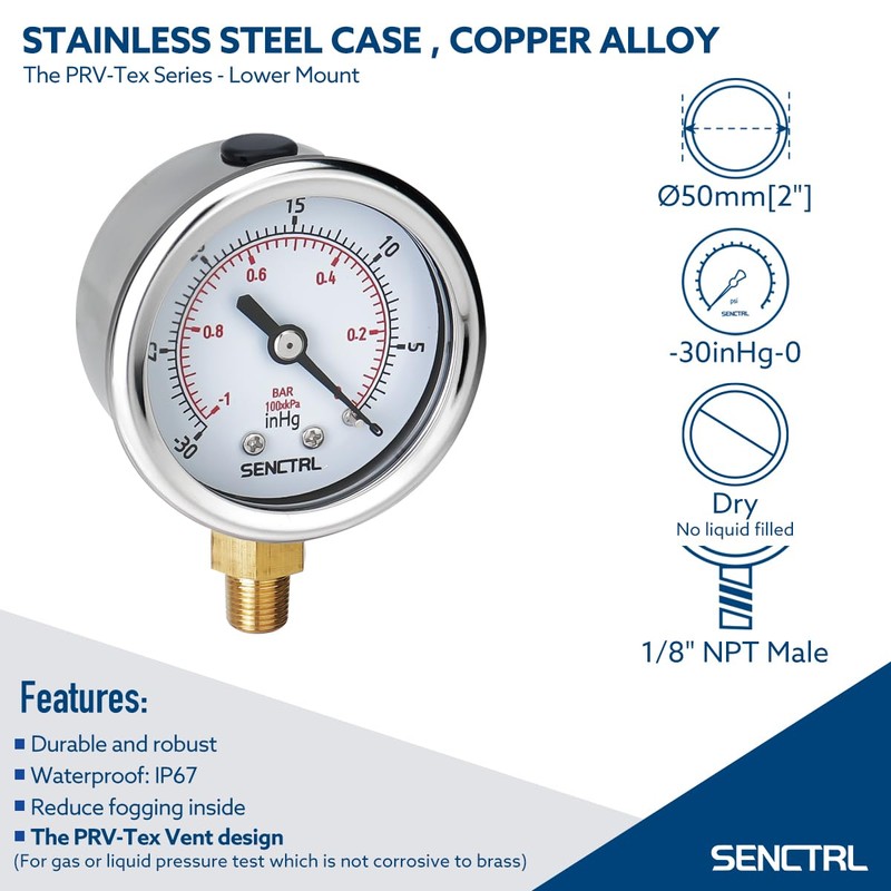 SENCTRL 30inHg Vacuum Pressure Gauge, 2" Dial, 1/8 NPT Lower