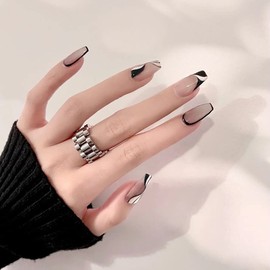 Nail Tips, Set of 24, Black Color, Unique Charm, Amusement Park, Dating, Leisure, Pointed Nail Decoration, Fake Nails, Receptions, Parties, After-parties, Entrance Ceremonies, Graduation Ceremonies,