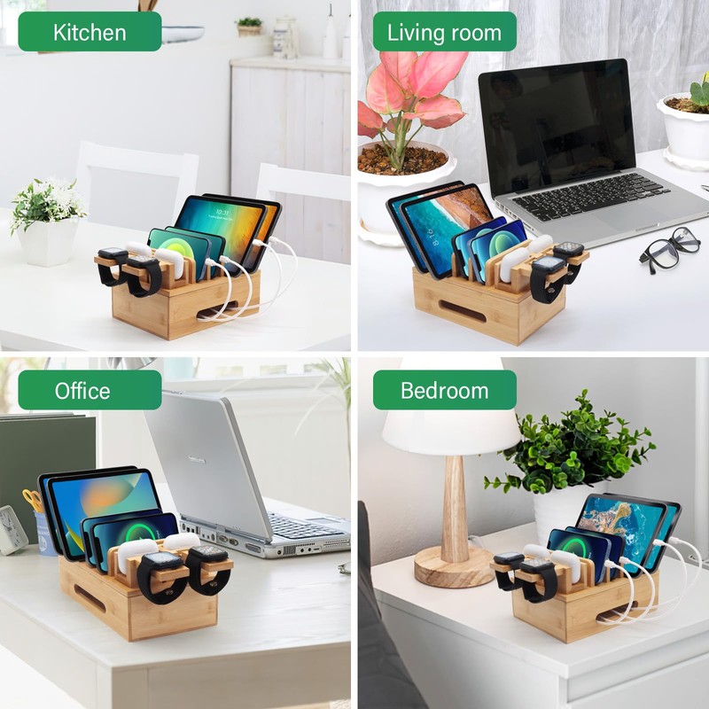 Bamboo Charging Station for Multiple Devices, Desktop Organizer Docking Station,