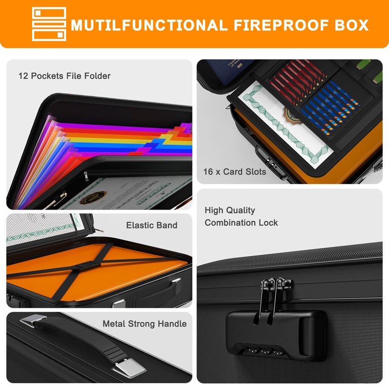 Fireproof Box,Hard Shell Fireproof Safe Box with Lock,Portable Fireproof Safe