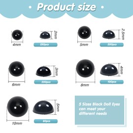 TOAOB 830pcs Plastic Eyes 4mm to 10mm Black Flat Back Cabochon Craft Eyes Doll Eyes for Soft Doll Making DIY Craft Plush Animal