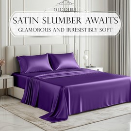 DECOLURE Satin Bed Sheets - 4 Piece Luxury Silky Twin Size Bedding Set - Softer Than Silk, Wrinkle-Free with 15” Deep Pocket Fitted Sheet, Perfect for Hair & Skin, Gifts for Women (Purple)