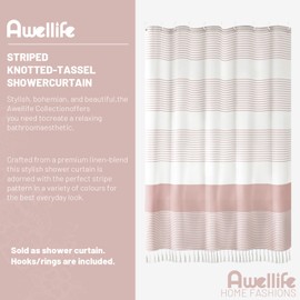 Awellife Boho Pink Shower Curtain for Bathroom Stripe Tassel Shower Curtain 72 X 72 Inches Farmhouse Linen Girls Coral