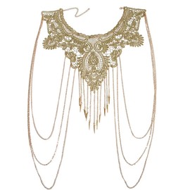 Carufin Lace Flower Body Chain Gold Layered Tassels Shoulder Chain Adjustable Necklaces Jewelry for Women and Girls