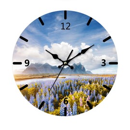 Wood Wall Clock for Living Room Decor Silent Non-Ticking Hanging Round Desk Clocks Battery Operated Easy to Read Bathroom Kitchen Office (Beautiful Landscape Blue Purple lavender Mountain, 11.8Inches)