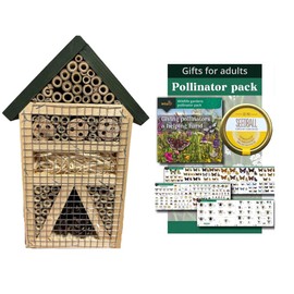 Green Feathers Natural Wooden Bug Hotel For Garden, Natural Materials - Attract Many Insects To Your Garden, Bees, Butterflies, Ladybirds, and Lots More (Small Bug Hotel & Pollinator Pack)