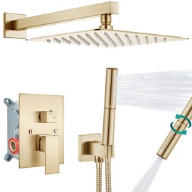 Aolemi Shower System with Rainfall Shower Head and Handheld Wall Mount,High Pressure Shower Faucet Set Fixture Combo with 2 in 1 Handheld Spray Rough-in Valve,12 Inch Shower Head Brushed Gold