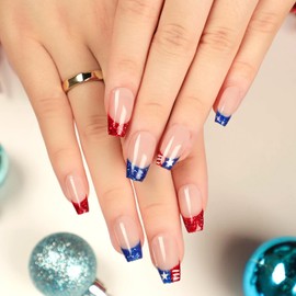 4th of July Press on Nails Short French Tip Independence Day Fake Nails Red Blue American Flag Design False Nails with Star Nude Glossy Artificial Nails for Patriotic Women Girl 24 Pcs
