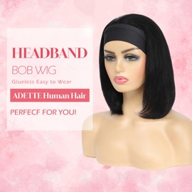 Adette Bob Human Hair Headband Wigs Straight Headband Wigs For Black Women Short Bob Human Hair Wigs Color 1B Natural Black None Front Lace 150% Density Brazilian Human Hair Headband Wig (16")