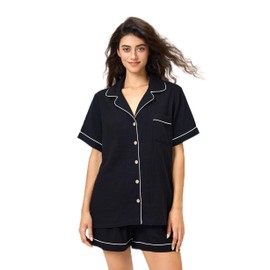 BESTOUCH Women's Pajama Sets 100% Pure Cotton Muslin Linen Feel Sleep Shorts Pjs 2 Piece Soft Sleepwear Lounge Set for Women Black S-XL